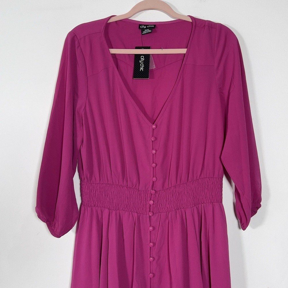 City Chic Zadie Shirred Waist Button Front Maxi Dress Sz XS/14 Pink 3/4 Sleeve - Picture 3 of 15